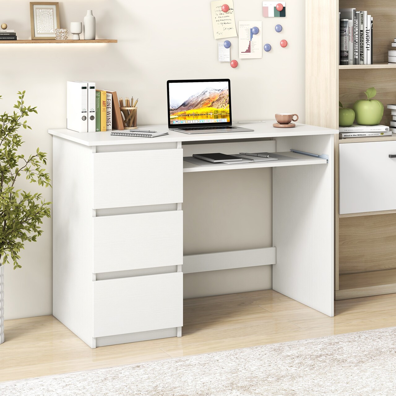 Multifunctional Computer Desk with 3 Drawers, Power Outlet and Keyboard Tray
